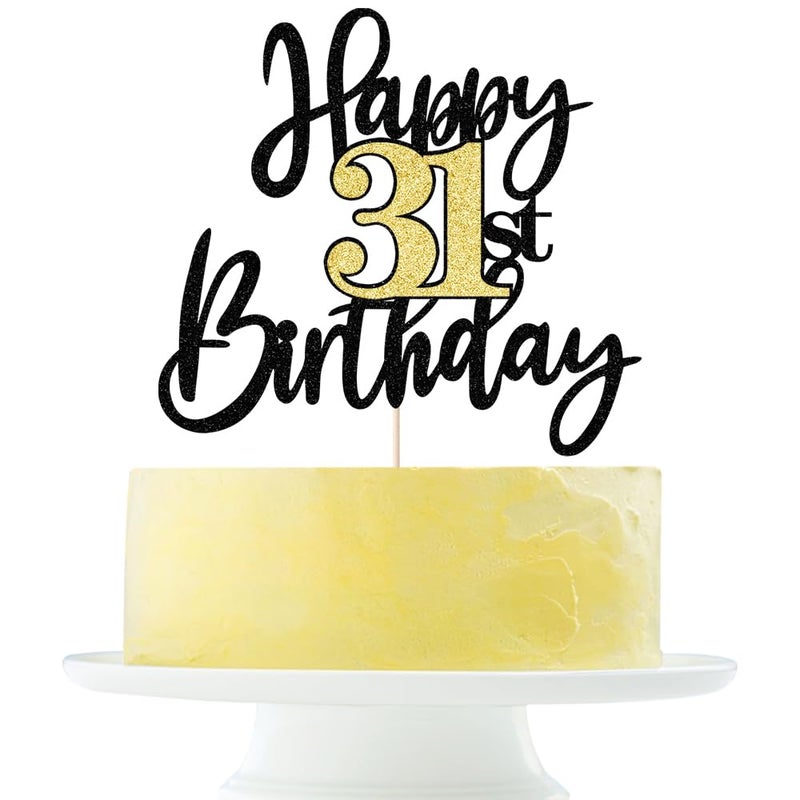 Yetxel Black Gold Glitter Happy 31th Birthday Cake Topper,Happy 31 Birthday Cake Decoration for 31 & Fabulous Birthday,Hello 31 Party Anniversary Party Cake Decorations Supplies - Image 1